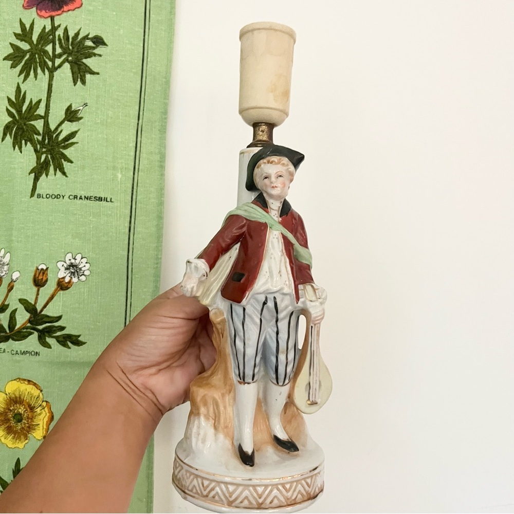 Antique Ceramic Lamp Made in Occupied Japan of Colonial Man w Mandolin Unwired